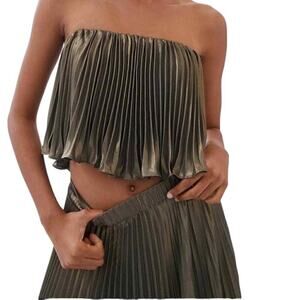 Anthropologie Pleated Bandeau Crop Top Army Green Blouse Strapless Size 14